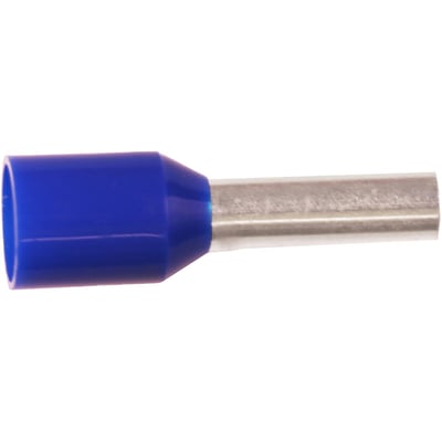 Blåt Elpress isoleret terminalrør til 2,5 mm² ledning med 18,0 mm metalrør og blå polypropylenisolering, vist mod hvid baggrund.