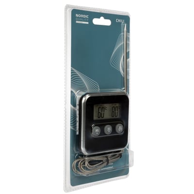 Digitalt stegetermometer fra Nordic Quality i original emballage med information om MIN, SEC og C/F funktioner.