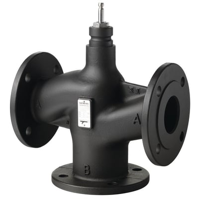 Siemens VXF43.65-63 3-vejs ventil med PN16 flange, DN65 og kvs 63, fremstillet i sort metal med tydelig Siemens-mærkning.