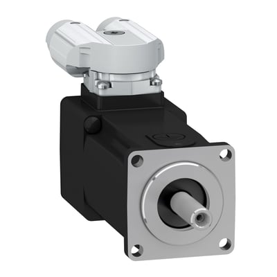 Schneider Electric Servo motor SH3 040 med 0,18Nm moment og akse uden not. Motoren har 90° stik og tæthedsklasse IP54/IP65.