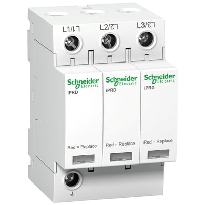Schneider Electric overspændingsafleder A9 iPRD 40r 3P 350V, viser tre fasemoduler med tilslutningsklemmer og statusindikatorer.