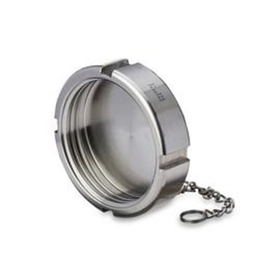 Rustfri blindomløber med kæde DIN 304, DN65, designet til levnedsmiddelfittings, vist på hvid baggrund.