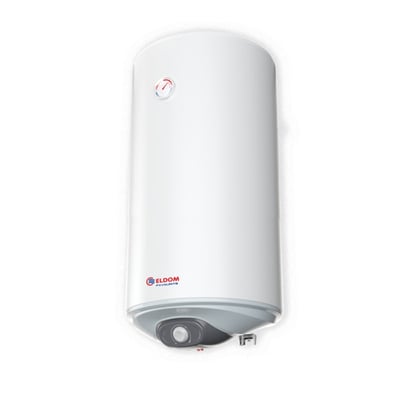 Frontbillede af en hvid Eldom varmtvandsbeholder på 100 liter, model WV10046, med emaljeret overflade og væghængt design.