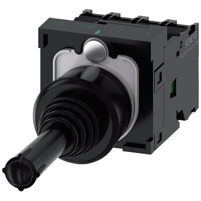 Siemens 3SU1 joystick i sort plastik med 4 momentane kontakter og skrueklemme, der viser de numeriske markeringer 1, 2, 4, 8 på toppen.