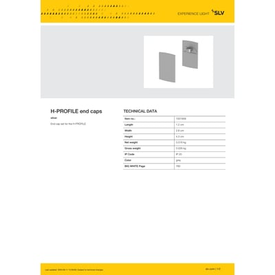 Teknisk datablad for SLV H-profil endestykker i sølv, med information om dimensioner og farve.