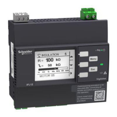 Schneider Electric Vigilohm advanced 12-kanals fejlstrømsdetektor med Modbus, viser isolationsmodstand og lækagekapacitet på et digitalt display.