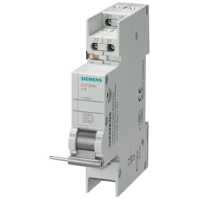 Siemens underspændingsudløser 5ST3040 UR til 24VDC med 2 terminaler monteret på en din-skinne, viser mærkat med elektrisk diagram.