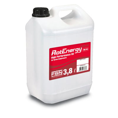 RotEnergy Plus olie til skruekompressorer i 3,8 liters hvid plastdunk med sort låg og rød etiket.