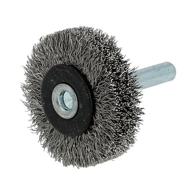 Flexovit axialbørste i metal med 40mm diameter og 6mm skaft. Børsten har 0,2mm trådtykkelse og 9mm bredde.