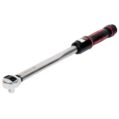Norbar mekanisk momentnøgle på 1/2" til 10-50 Nm med metalstang, skraldehoved og sort håndtag med røde detaljer.