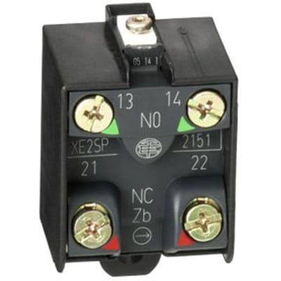 Schneider Electric XE2SP2151 kontaktelement set fra siden, viser den kompakte sorte plastikkabinet og tilslutningsklemmer.