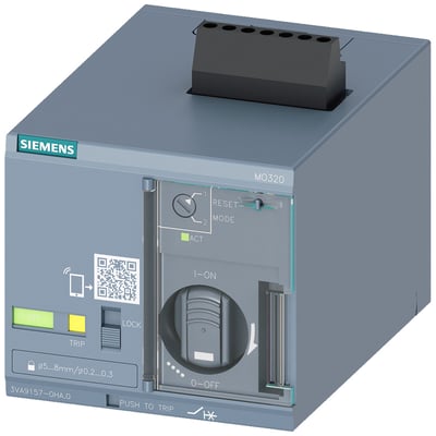Siemens MO320 motor operator med 24-60 V DC spænding og tilslutning for 3VA1 160, vist med QR-kode og betjeningsknapper.