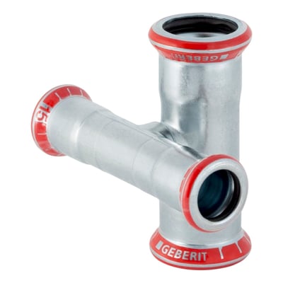 Geberit Mapress T-stykke 15x15 mm 90° af el-forzinket stål med synlige Geberit logoer og røde markeringer.