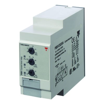 Carlo Gavazzi 1-faset strømrelæ med drejeknapper til justering af grænseværdi, hysterese og tidsforsinkelse.