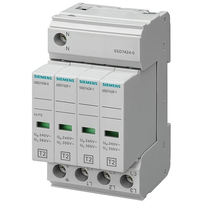 Siemens 4-polet overspændingsafleder type 2 (5SD7424-0) til TN-S og TT systemer, vist på hvid baggrund med tydelige mærkninger og grønne indikatorer.