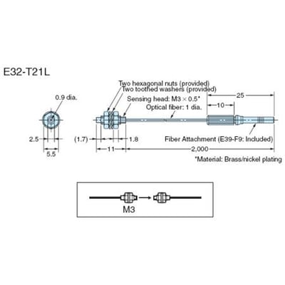 Teknisk tegning af Omron E32-T21L fiberoptisk sensorhoved med dimensioner og monteringsdetaljer. Viser M3 gevind og 2 meter kabel.
