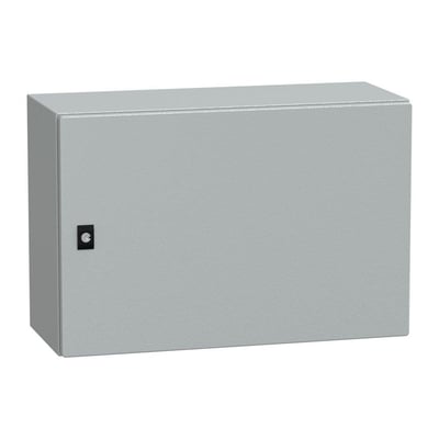 Schneider Electric CRN metal vægskab, 400x600x250 mm, vist fra fronten, med lås og tydelig RAL7035 farve.