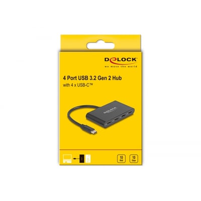 DeLock 4-port USB 3.2 Gen 2 USB-C hub i sort design med sort kabel og USB-C™ stik, vist på gul baggrund med produktinformation.
