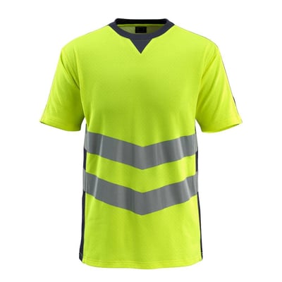 Mascot Sandwell hi-vis T-shirt i gul og marineblå, størrelse 2XL, med synlige reflekser og åndbart materiale.
