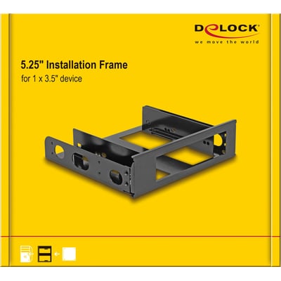 Emballagen viser DeLock-installationsrammen til montering af én 3,5″-enhed i en 5,25″-plads.