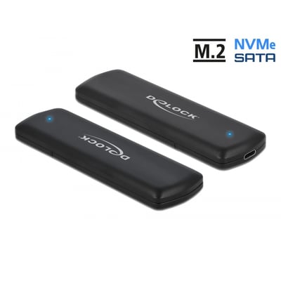 Sort DeLock USB Type-C-kombikabinet til M.2 NVMe PCIe- eller SATA-drev, vist fra flere vinkler.