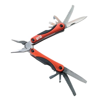 Åben Bahco multitool MTT151 med 18 funktioner, der viser tang, kniv, sav og fil fremstillet i rustfrit stål.