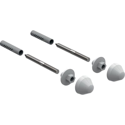 Geberit fastgørelsesmateriale til urinal med gevindstænger, plugs, møtrikker og hvide dækkapper vist spredt ud.