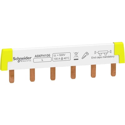 Schneider Electric A9XPH106 1-pole sløjfeskinne med gule endestykker, 100A, 500V og markering for påkrævede endekapsler.