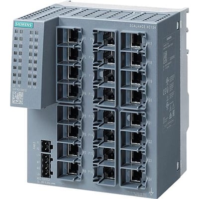 Siemens SCALANCE XC124 unmanaged IE switch med 24 RJ45 porte, grå plast og tydelige LED-indikatorer.