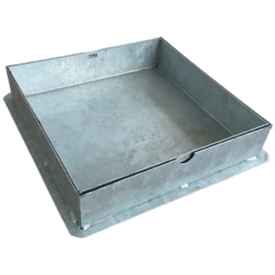 NID brønddæksel 600/700x700x80mm i galvaniseret stål, designet til integrerede fliser med 5 tons belastning.