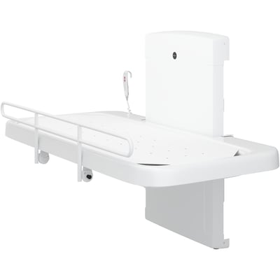 Pressalit SCT 2100 bruseleje i hvid med elektrisk højderegulering og kanvasdug, vist fra venstre side.