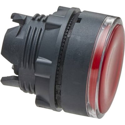 Schneider Electric lampetrykshoved i rød plast, Ø 22 mm, Harmony Style 5 serie, vist med bagmontering og LED teknologi.