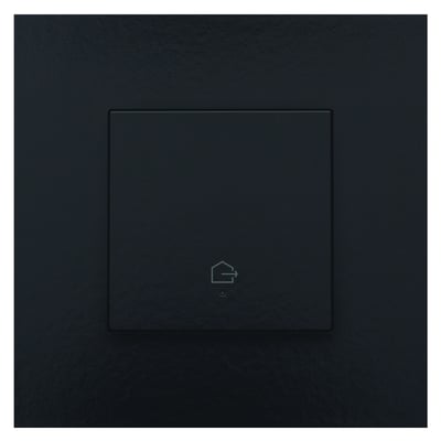 Niko forlad hjem tryk i sort bakelit med hus-symbol og integreret LED-indikator på mørk baggrund.