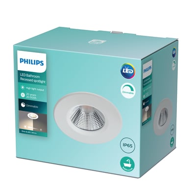 Philips Dive indbygningsspot i hvid emballage, IP65-klassificeret og dæmpbar til badeværelset.