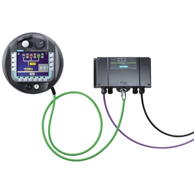 Siemens Profinet tilslutningskabel 5 meter forbinder et mobilt panel med en sort kontrolboks med grønne og lilla kabler.