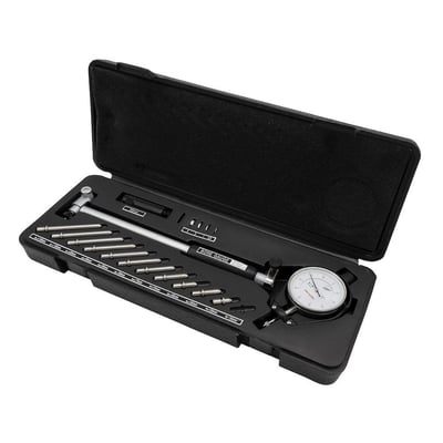 Diesella cylindermålersæt i sort kuffert, viser måler med urskive og udskiftelige mellemstykker til måling 50-160mm.