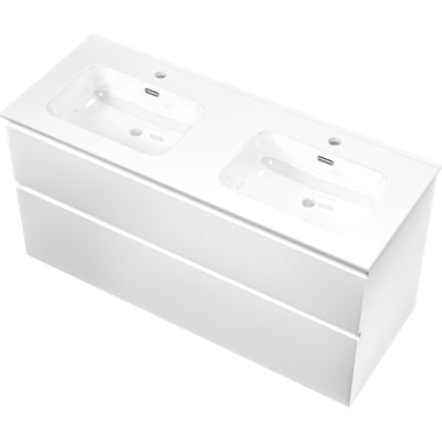 Sanibell Proline møbelsæt i mathvid, 121x46cm, med to integrerede softclose skuffer og dobbelt porcelænsvask med hanehul og overløb.