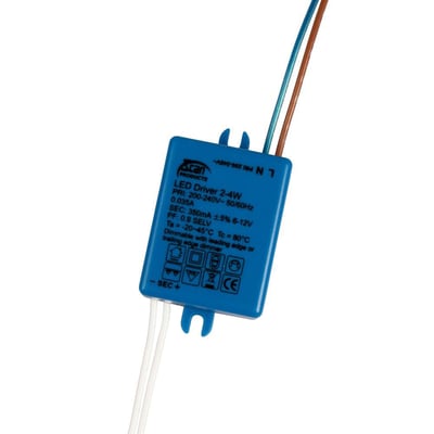 Scan Products LED driver 2-4W, 230V, 350mA, med mærkat der viser specifikationer og dæmpbarhed.