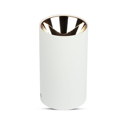 V-TAC VT-882 rund GU10 lampe i hvid med rosaguld reflektor, monteret på hvid baggrund.