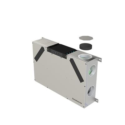 Dantherm RCC220 P2 ventilationsanlæg i metal med sort kontrolpanel og runde tilslutninger, beregnet til væg- og loftmontering.