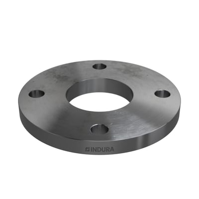 Indura planflange PN16 med 76,1 mm svejsning, 4 bolthuller og P250GH materiale, med Indura logo.