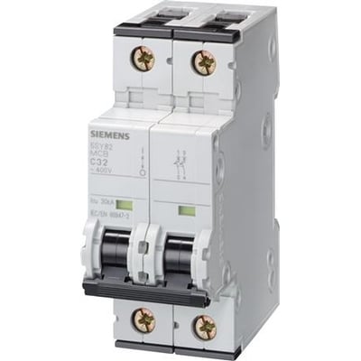 Siemens SENTRON 5SY 2-polet automatsikring på 0,5 A set forfra og fra siden med to sorte betjeningsgreb.