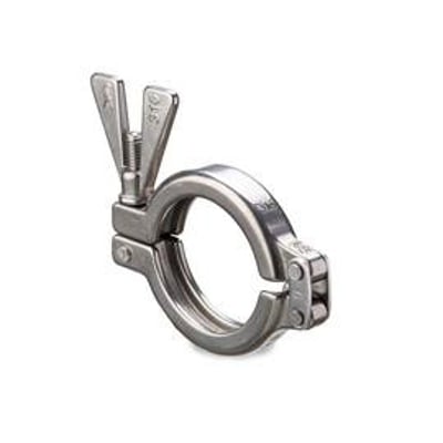 Clamp type SH 316L i rustfrit stål til levnedsmiddelfittings, 3" størrelse med vingemøtrik og 106 mm flange.