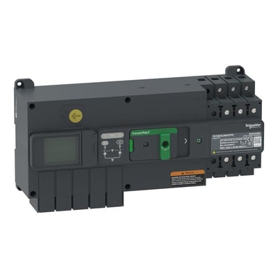 Schneider Electric TA10 automatisk omskifter med LCD display, 63A 3P, monteret på en neutral baggrund, med tydelige mærkningsdetaljer.