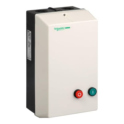 Forside af Schneider Electric TeSys D Y/D starter med grøn 'I' og rød 'O' knap, 11kW, IP65.