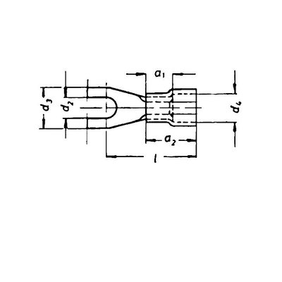 Teknisk tegning af Klauke isoleret pladekabelsko med mål som gaffelform, til 1,5-2,5mm² og M3,5 bolt.