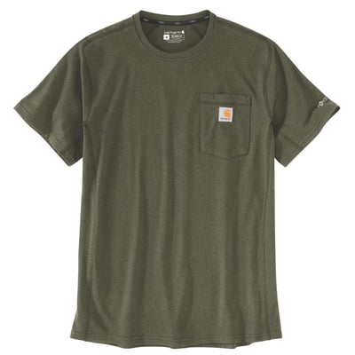 Carhartt Force T-shirt i olivengrøn med rund hals, korte ærmer og brystlomme, str. XL.