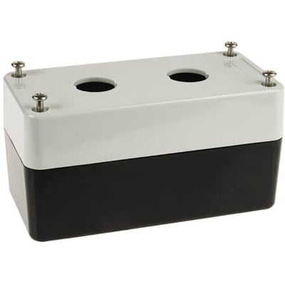 Omron kontrolbokskabinet A22Z-B102 med to runde huller i toppen og fastgørelsesskruer, hvidt låg og sort bund.