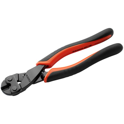 Nærbillede af Bahco 210 mm boltsaks med synligt Bahco logo og 'Made in Sweden' inskription på håndtaget.
