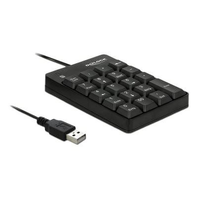 DeLock numerisk USB-tastatur med 19 sorte taster set skråt oppefra, med fast kabel og USB-stik.